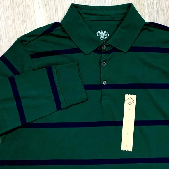 St Johns Bay Mens Large Legacy Polo Long Sleeve Green Stripe Classic Fit Stretch - Picture 5 of 6